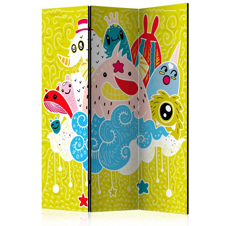 Room Divider Cheerful Creatures - fantasy colorful creatures on a light green background