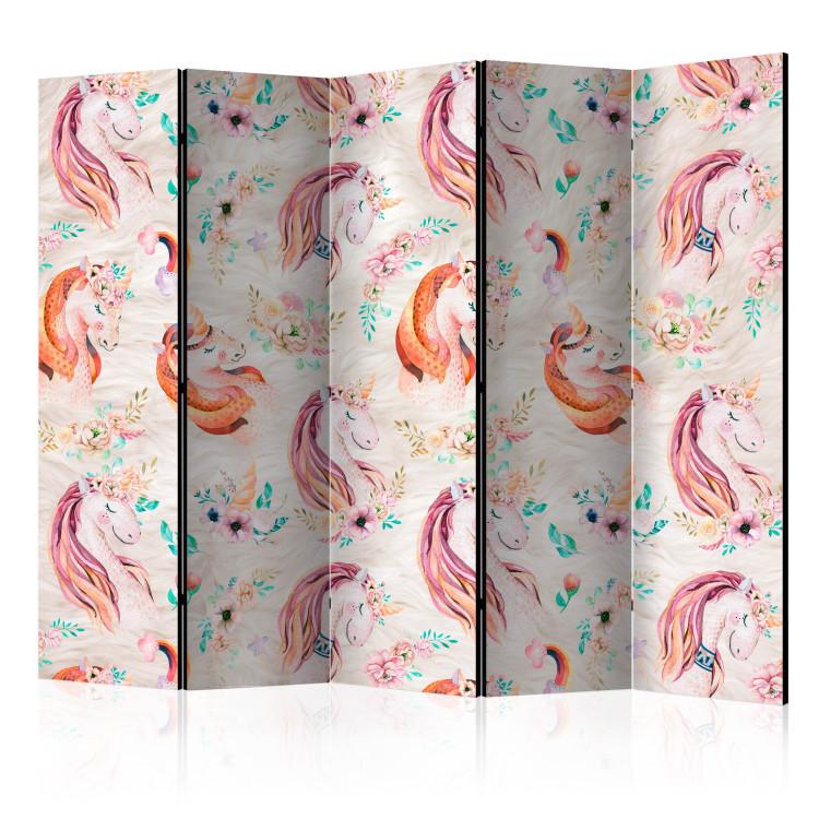 Room Divider Pastel Unicorns II - long-haired horse on a colorful background with flowers