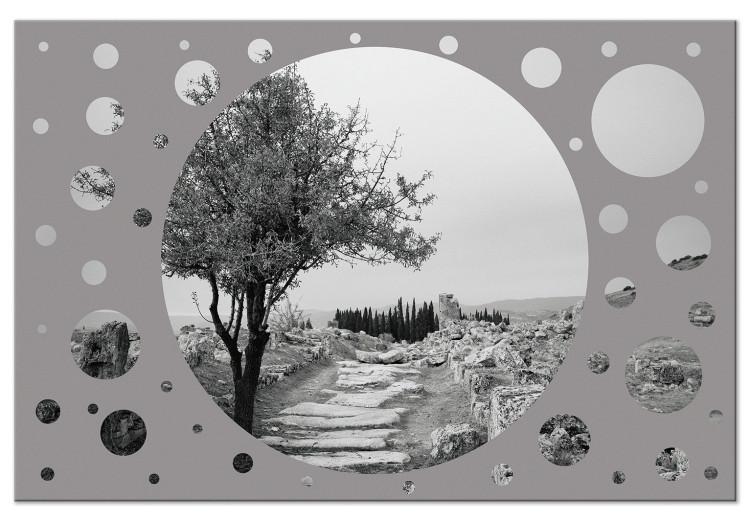 Canvas Print Round view of the world - a road with trees in shades of gray