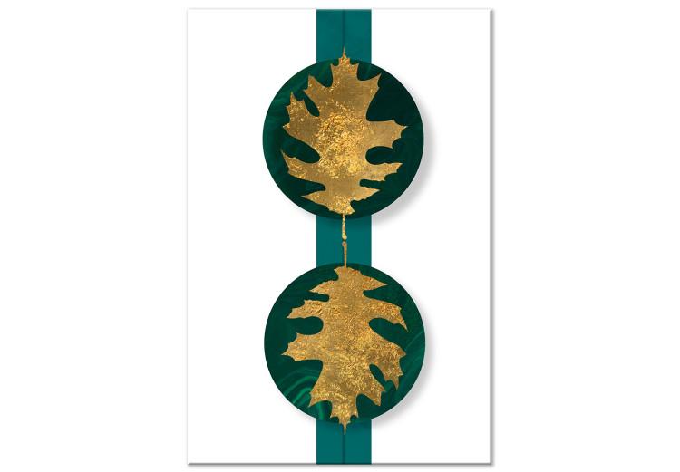 Canvas Print Golden leaves - a botanical motif on an emerald, geometric background