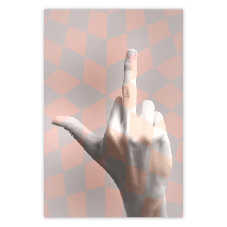 Poster F*ck you! - gray-pink composition with a hand in a geometric pattern
