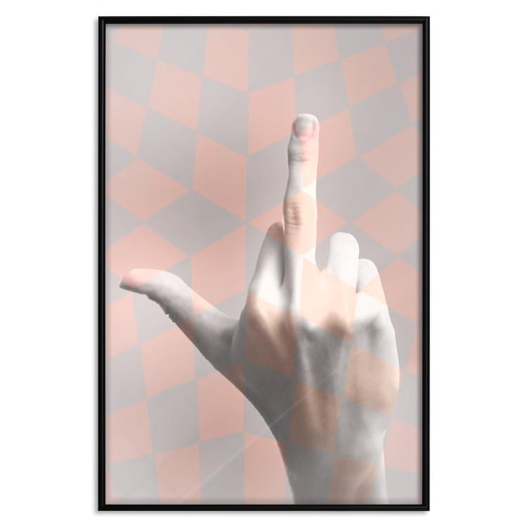 Poster F*ck you! - gray-pink composition with a hand in a geometric pattern