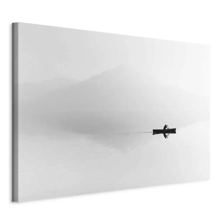 Outline of Mountains in Mist - Boat Against White Landscape