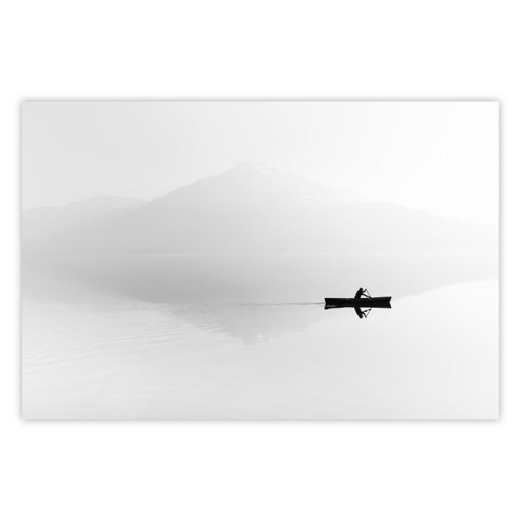 Poster Mist over the Lake - black and white landscape with a boat on a mountain background