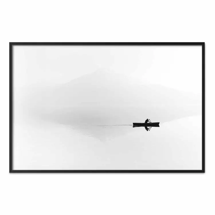 Mist over the Lake - black and white landscape with a boat on a mountain background