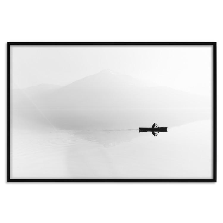 Poster Mist over the Lake - black and white landscape with a boat on a mountain background