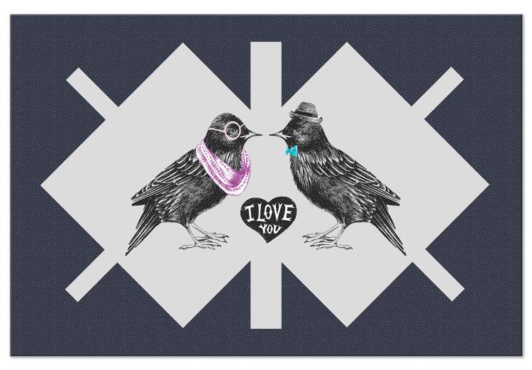 Canvas Print Starlings in love - elegant black birds on a geometric background