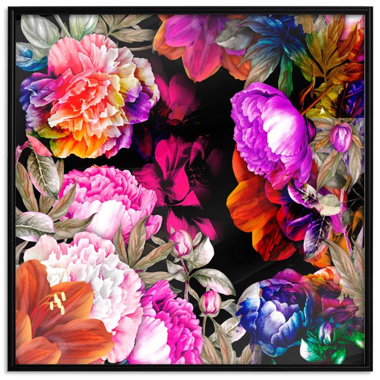 Poster Summer Garden - colorful composition with peony flowers on a black background