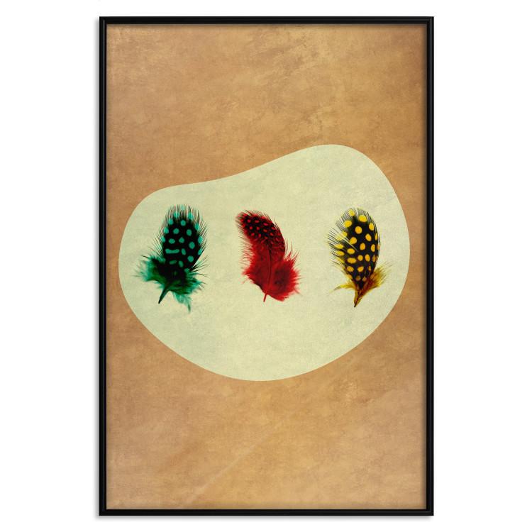 Poster Boho Feathers - abstraction in colorful feathers with dots on a beige background