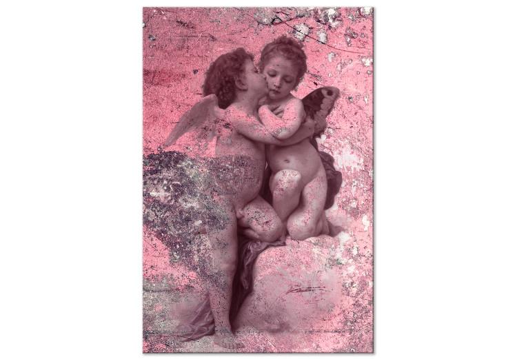 Canvas Print Angelic kiss - angels in love on an abstract, pink background