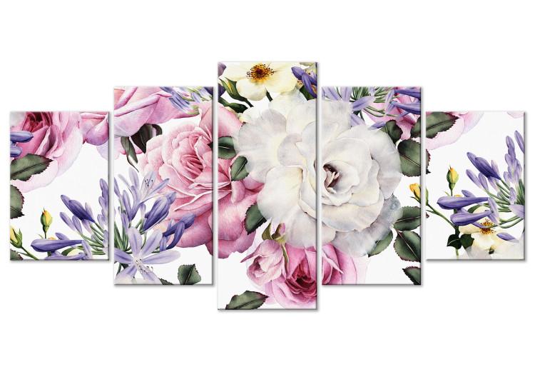 Canvas Print Girly roses - colourful, pastel flowers and leaves on a white