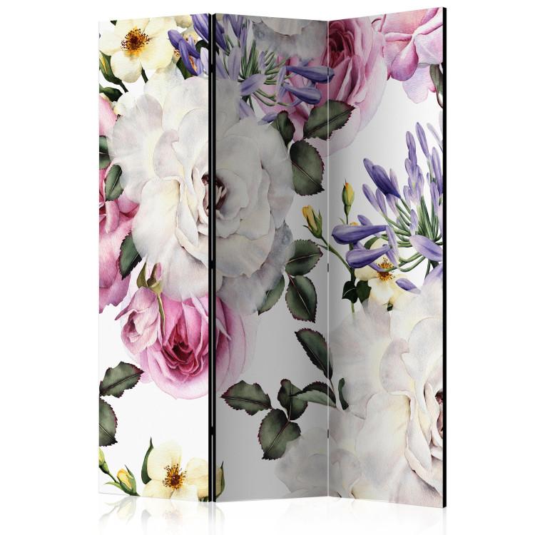 Room Divider Floral Meadow - colorful flower plants with leaves on a light white background