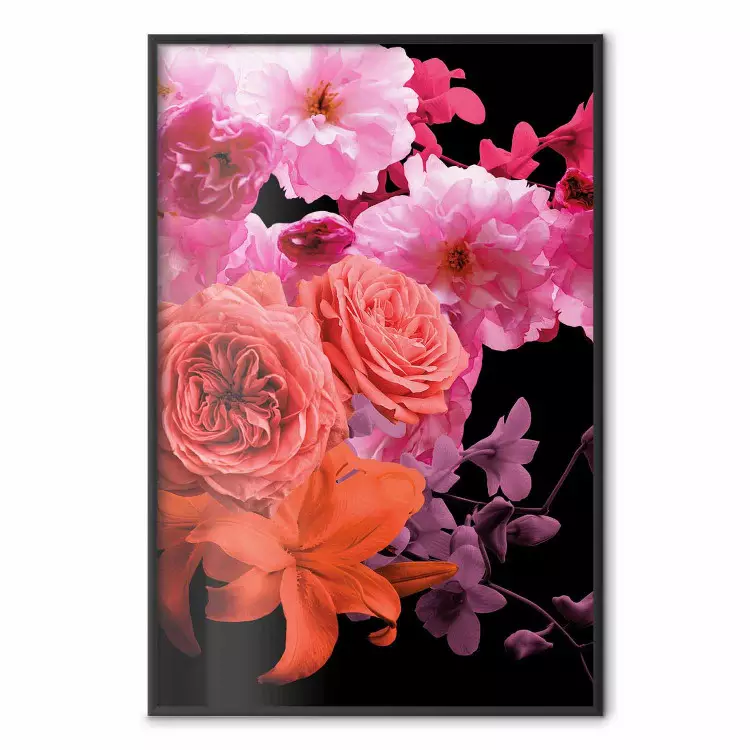 Spring Breeze - botanical composition with pink flowers on a black background