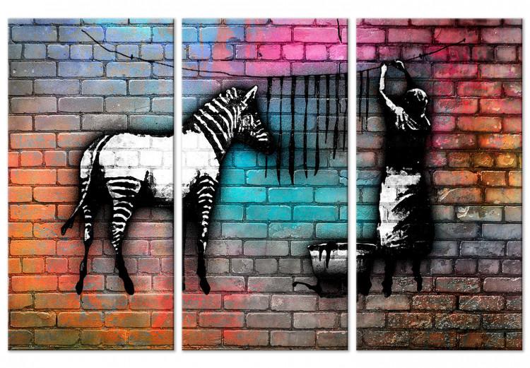 Canvas Print Zebra washing - street art graphics on an abstract, colorful brick