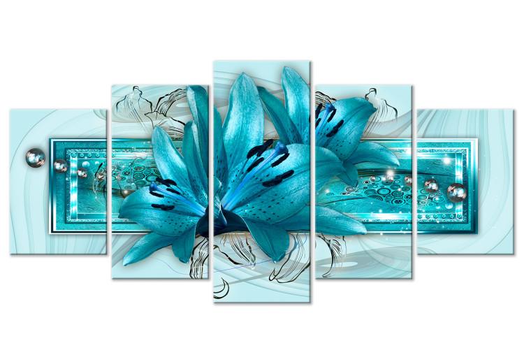 Canvas Print Lilies in the Garden (5 Parts) Wide Turqouise