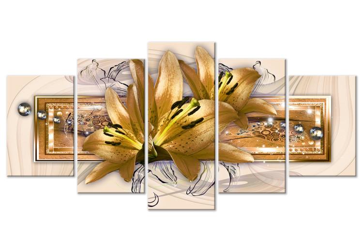 Canvas Print Lilies in the Garden (5 Parts) Wide Golden
