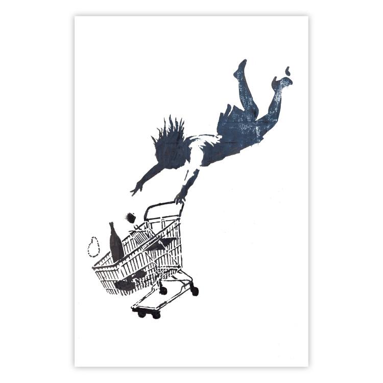 Poster Shopping Frenzy - black and white mural with a character and shopping cart in Banksy style
