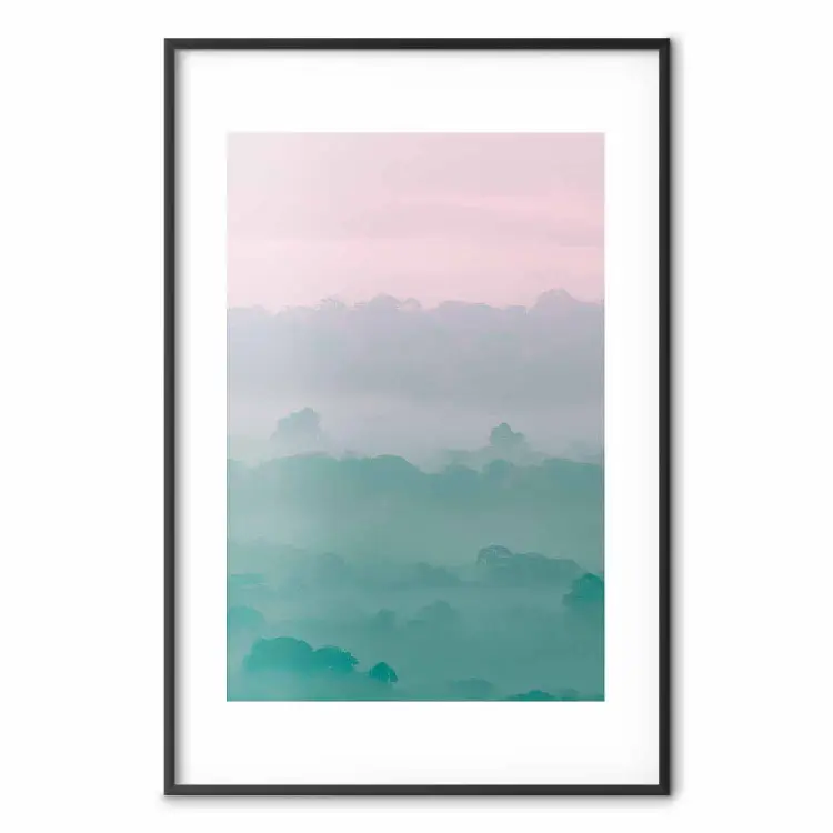 Misty Dawn - landscape of trees amid dense fog in pastel colors