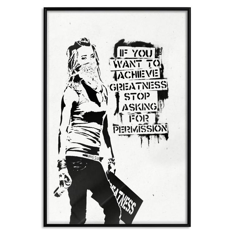 Poster Girl with Graffiti - black and white composition with a woman and text