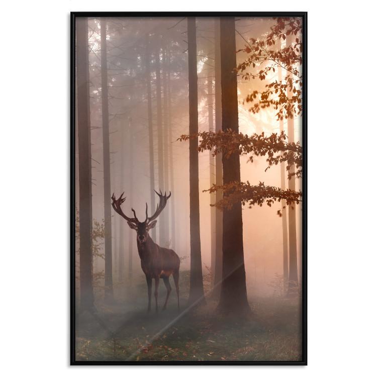 Poster Morning - wild deer among forest trees against the backdrop of an autumn landscape