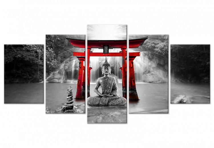 Canvas Print Buddha Smile (5 Parts) Wide Red