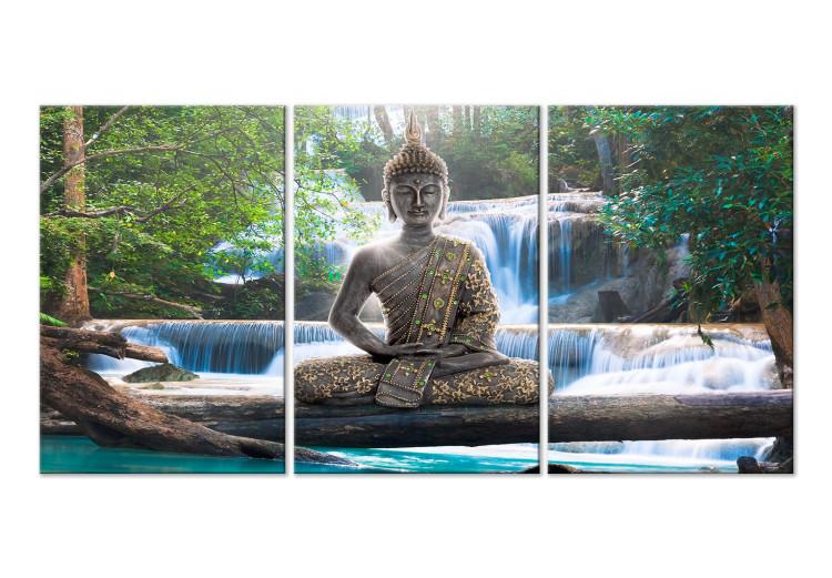 Canvas Print Buddha and Waterfall (3 Parts) Green