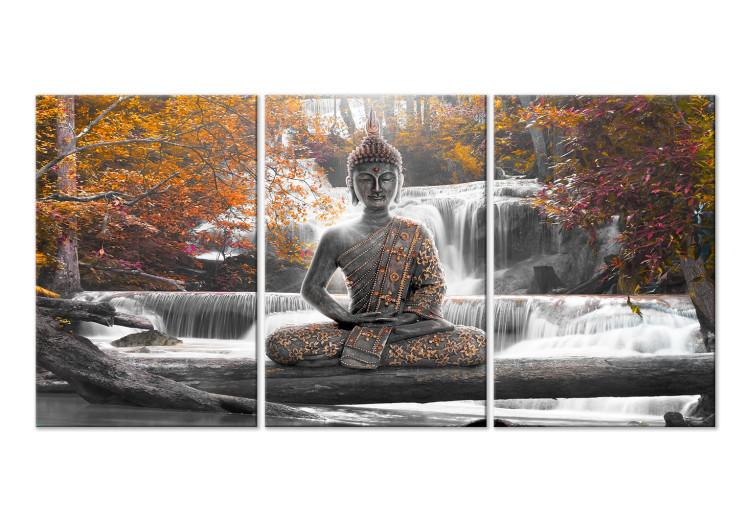 Canvas Print Buddha and Waterfall (3 Parts) Orange