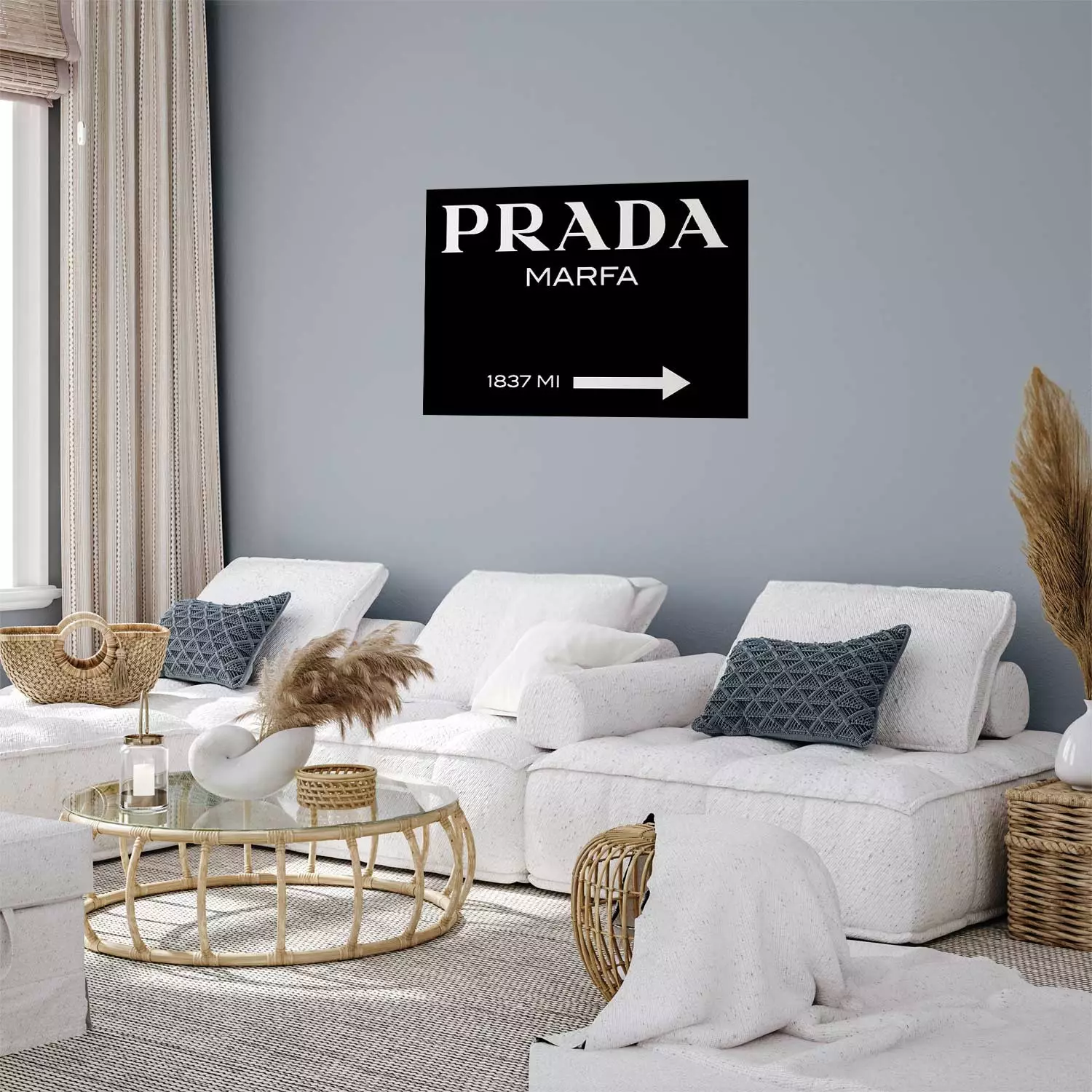 Poster Prada in Black white English fashion brand name on a black background bimago