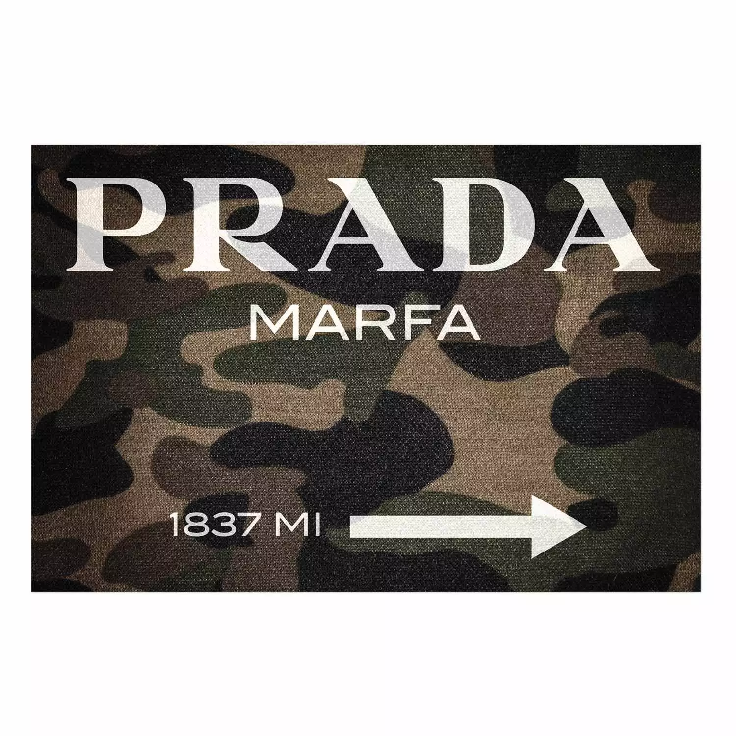 Camo Prada white English brand name and numbers on military texture