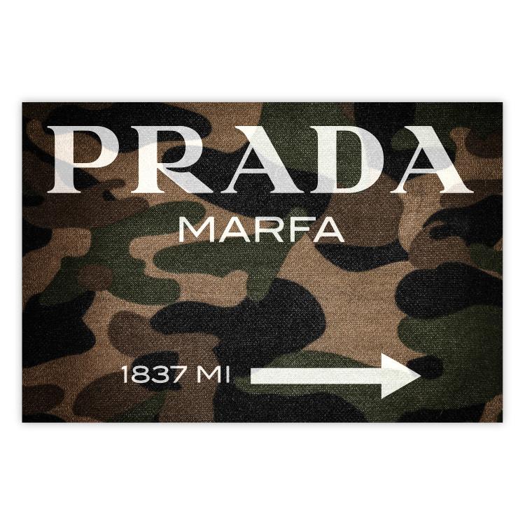 Poster Camo Prada - white English brand name and numbers on military texture