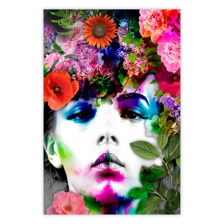Poster May - gray portrait of a female face surrounded by colorful flowers