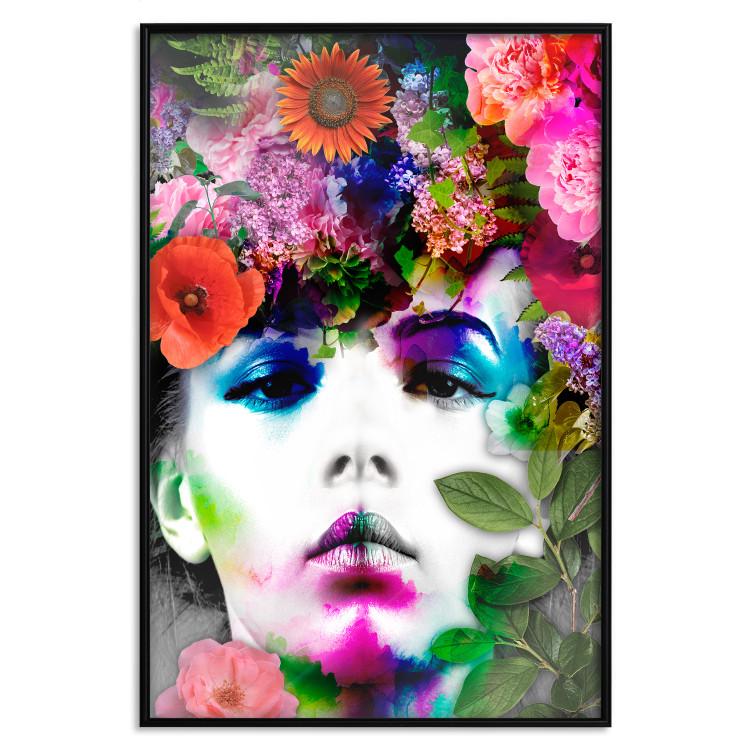 Poster May - gray portrait of a female face surrounded by colorful flowers