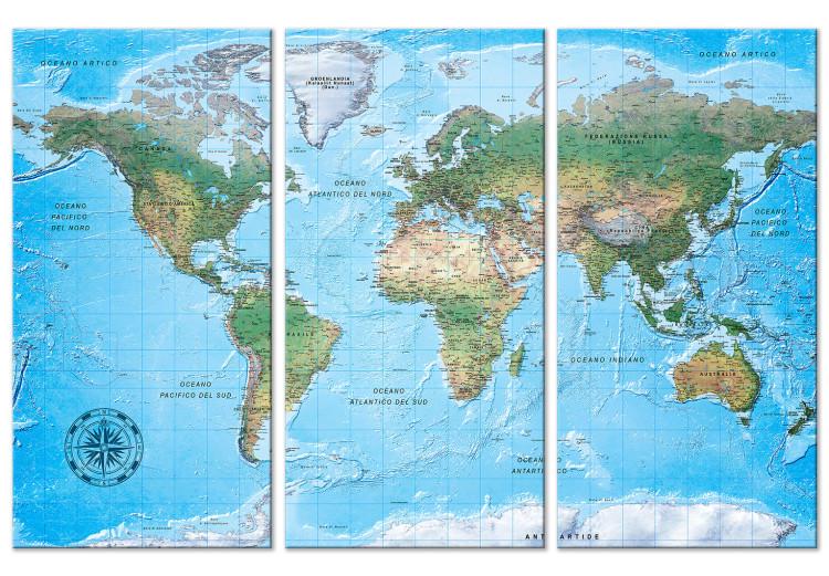 Canvas Print World Map in Blue (3-part) - Continent Labels in Italian