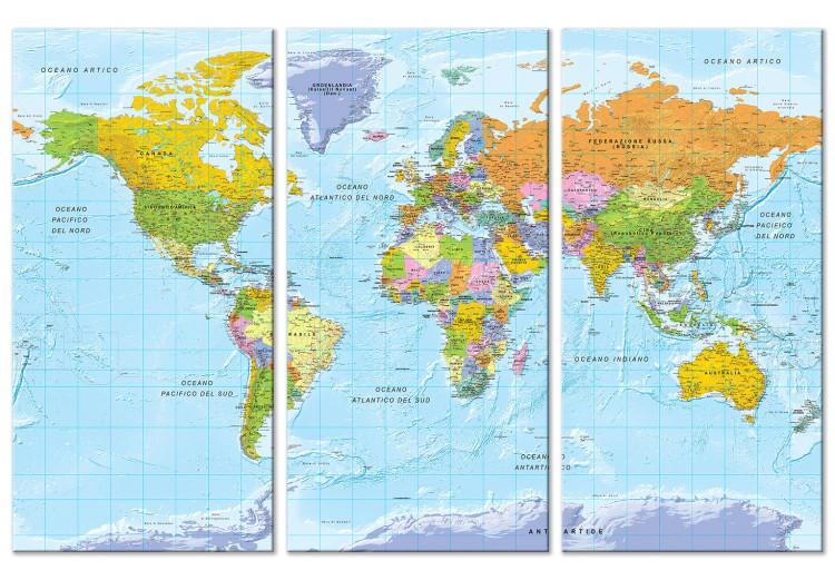 Canvas Print World Map in Colors (3-part) - Continents with Italian Labels