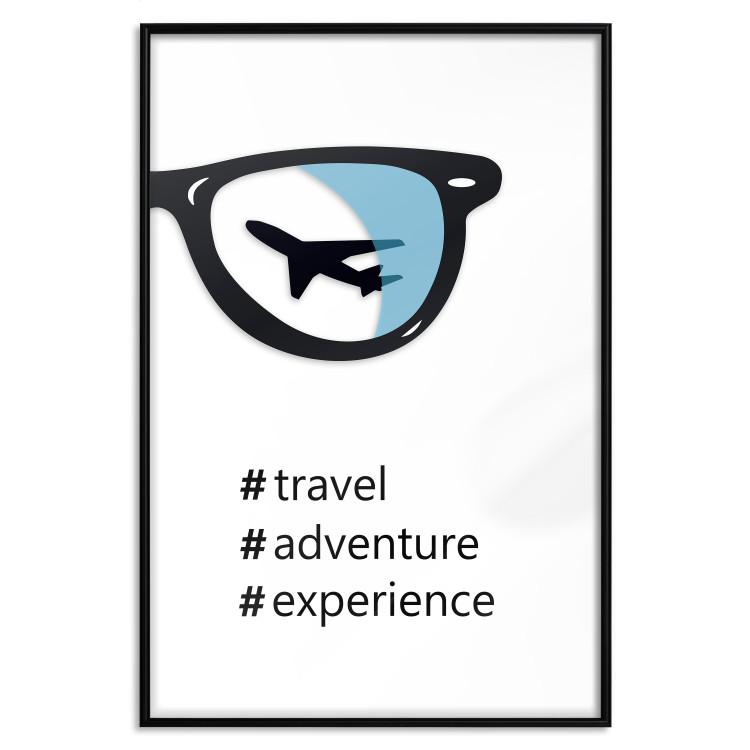 Poster New Experiences - airplane in a spectacle lens with black inscriptions