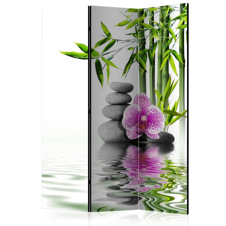 Room Divider Water Garden - stones and pink flower against a bamboo background in a Zen motif