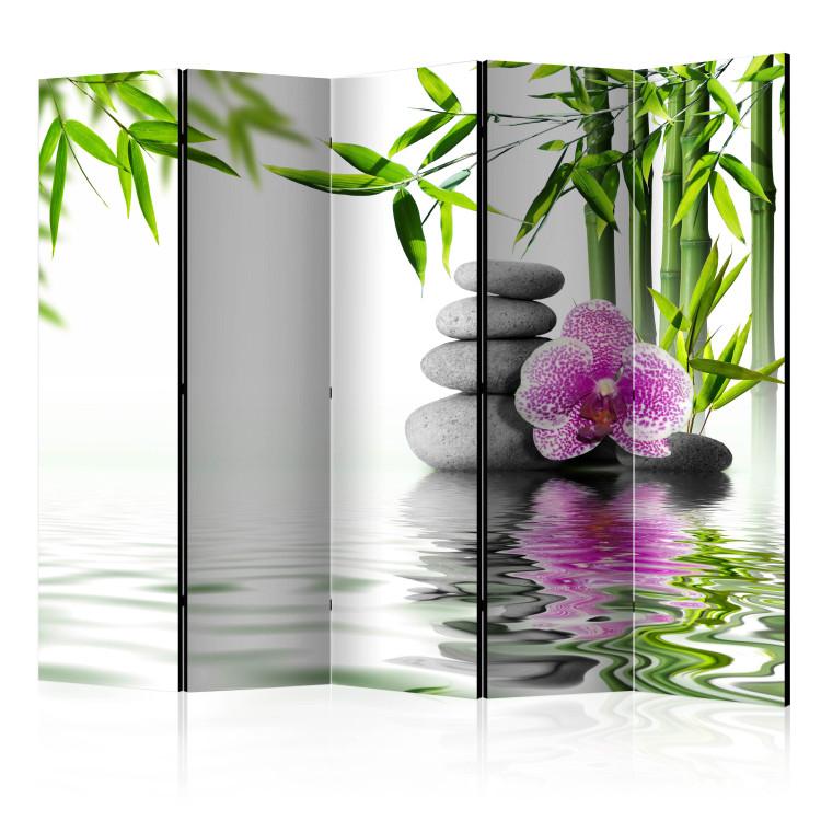 Room Divider Water Garden II - stones and pink flower against a bamboo background in a Zen motif