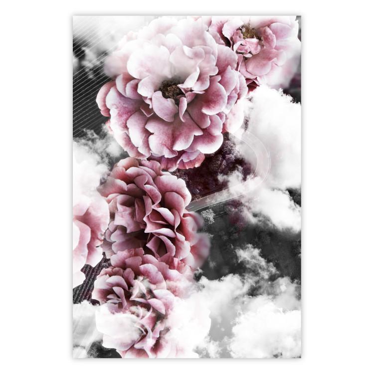 Poster Subtlety - pink flowers amidst clouds against the backdrop of city architecture