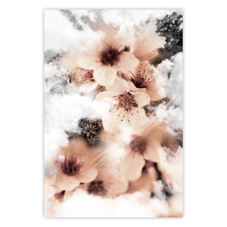 Poster Angelic Flowers - colorful flowers in the clouds above a forest landscape