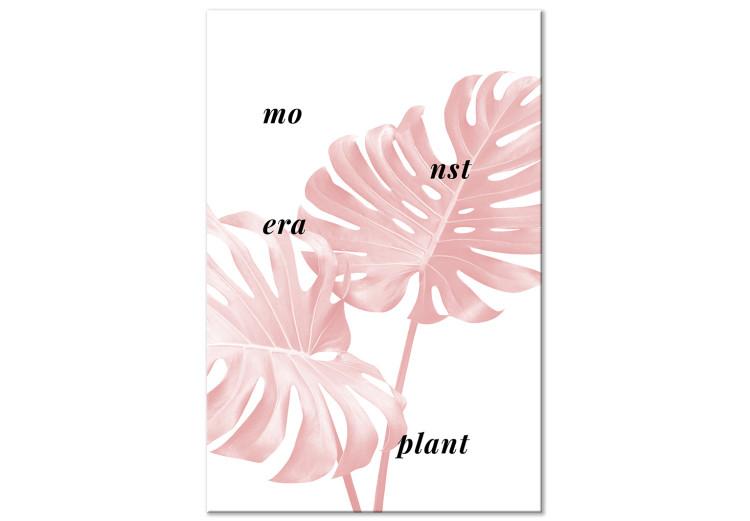 Canvas Print Pink monstera leaves with inscription - minimalistic botanical motif