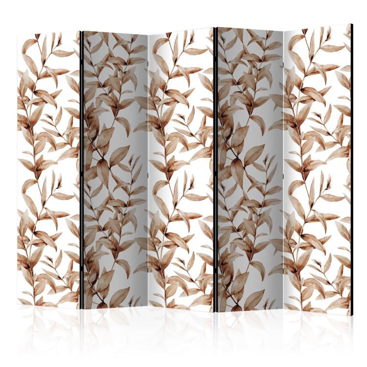Room Divider Sepia Flora II - brown leaves in ornament style on a white background