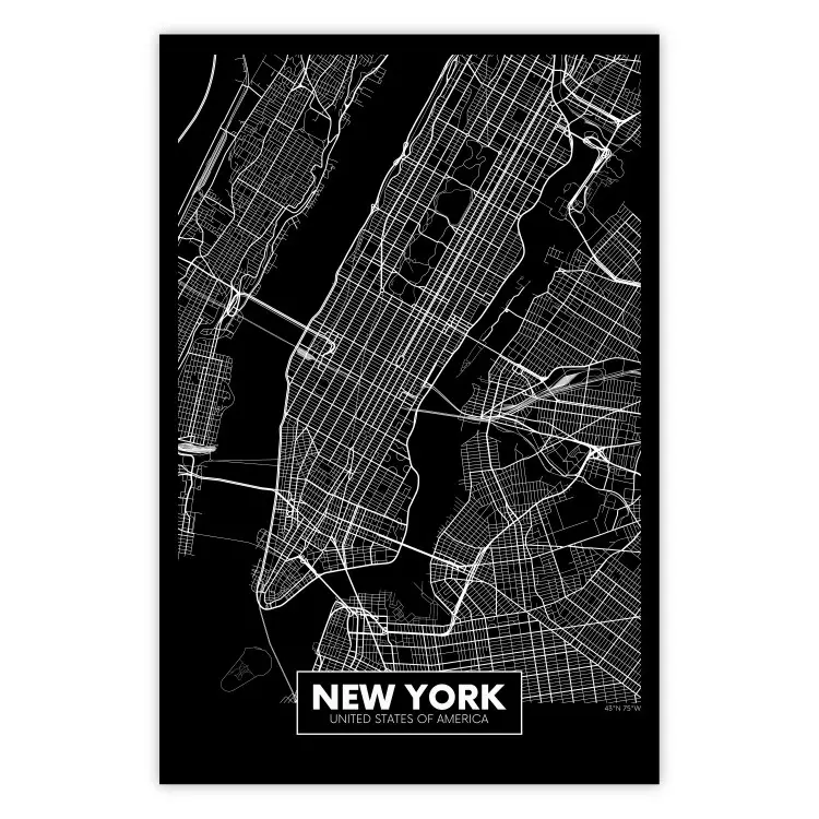 Negative Map: New York - black and white city map in the USA