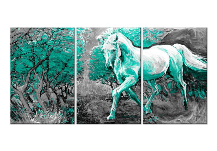 Canvas Print Galloping horse in turquoise light - animal silhouette with trees