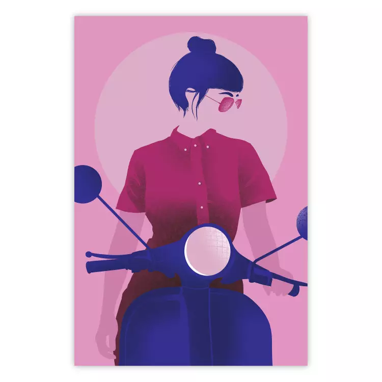 Woman on Scooter - woman on a motorcycle in pastel pink color