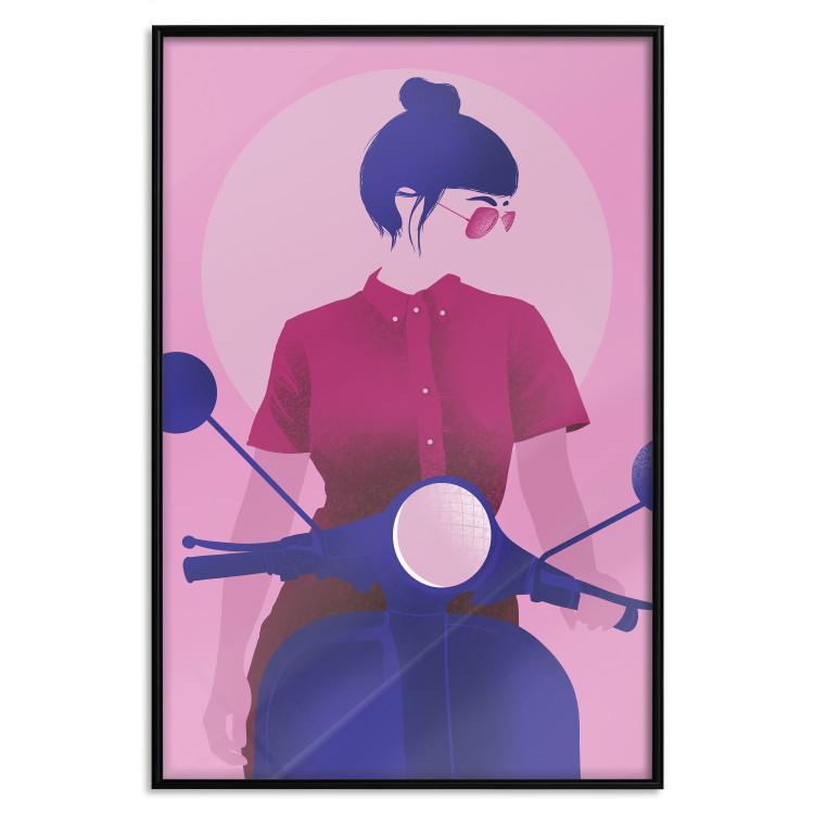 Poster Woman on Scooter - woman on a motorcycle in pastel pink color