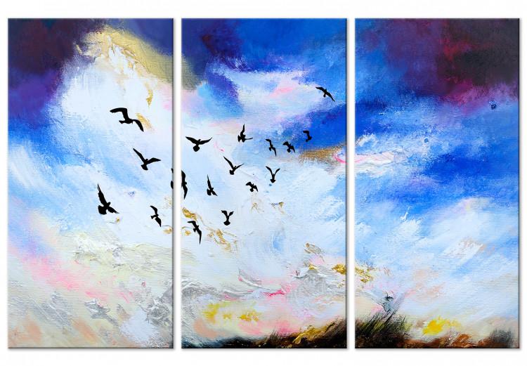 Canvas Print Bird flight - triptych with a sky landscape, birds and rays of the sun