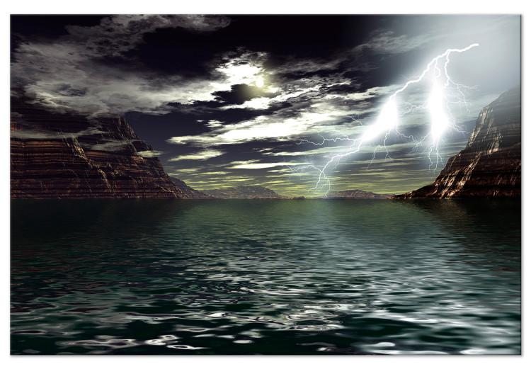 Canvas Print Night storm over the lake - landscape with lightning, rocks and clouds