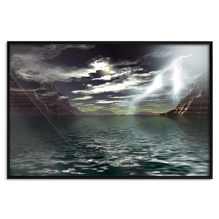 Poster Storm over the Lake - landscape of lightning from the sky over water with mountains in the background