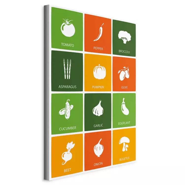 Vegetable array - white icons with English names on colored background