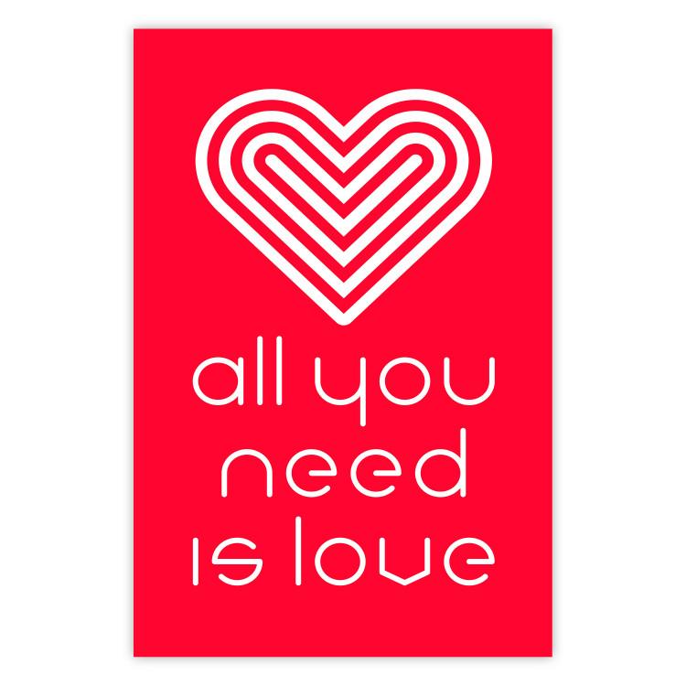 Poster Let's Love - striped heart and English captions on red background